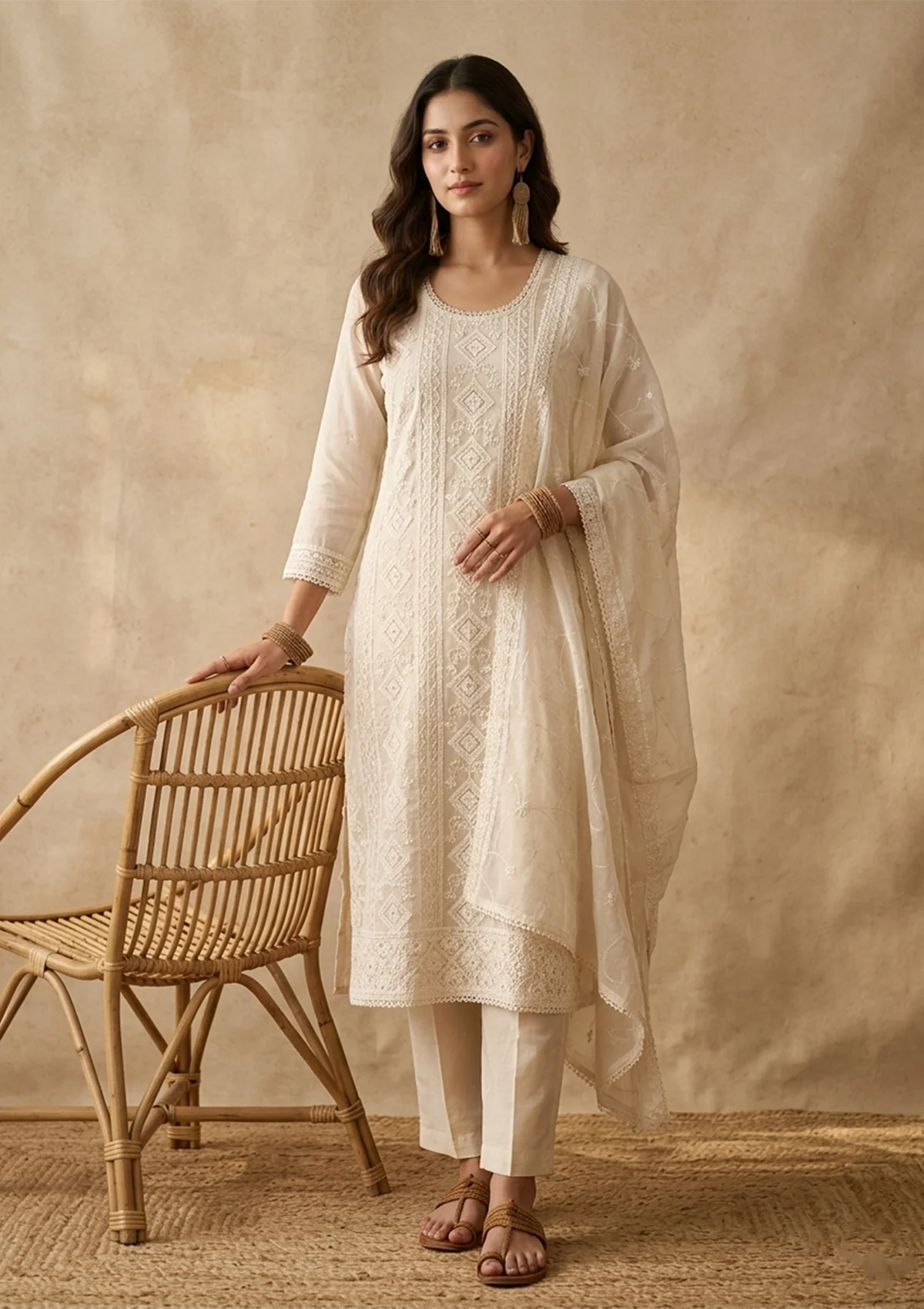 Cream Chanderi Threadwork Straight Kurta With Pant Regular And Dupatta